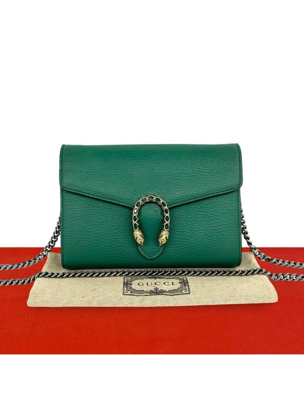 Gucci Dionysus Motif Leather Chain Mini Shoulder Bag Pochette Green
